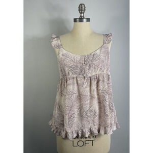 Joie Women M Silk Baby Doll Tank Top Pink Feather Print Cami 1/4 Buttons Ruffles